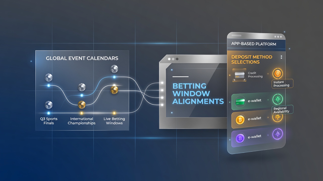 Global sports event calendar displayed alongside mobile betting app interface showing deposit options