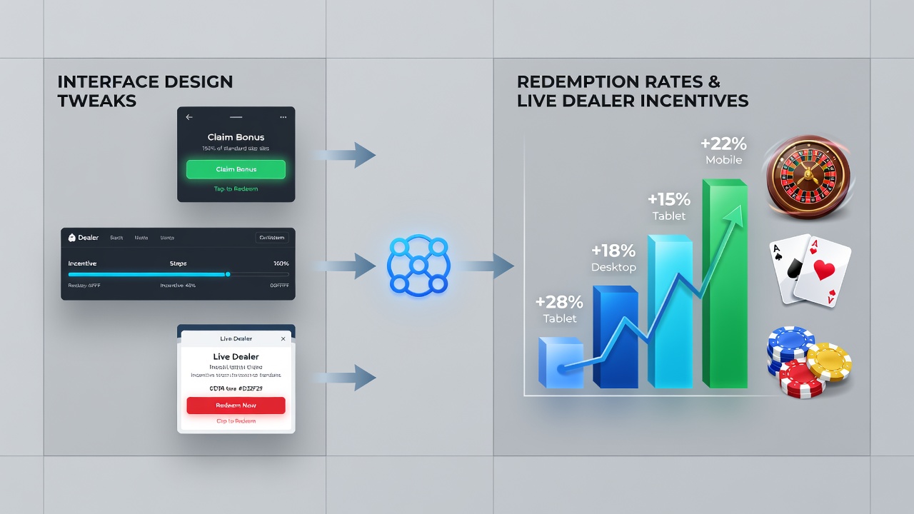 Diagram showing interface design elements affecting live dealer bonus redemptions on desktop and mobile screens