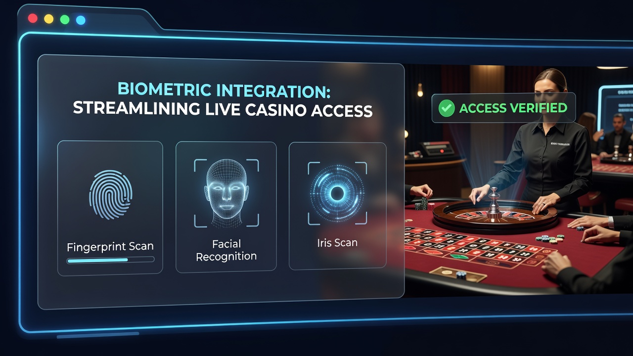Close-up of tablet showing live dealer table with biometric prompt overlay during active session