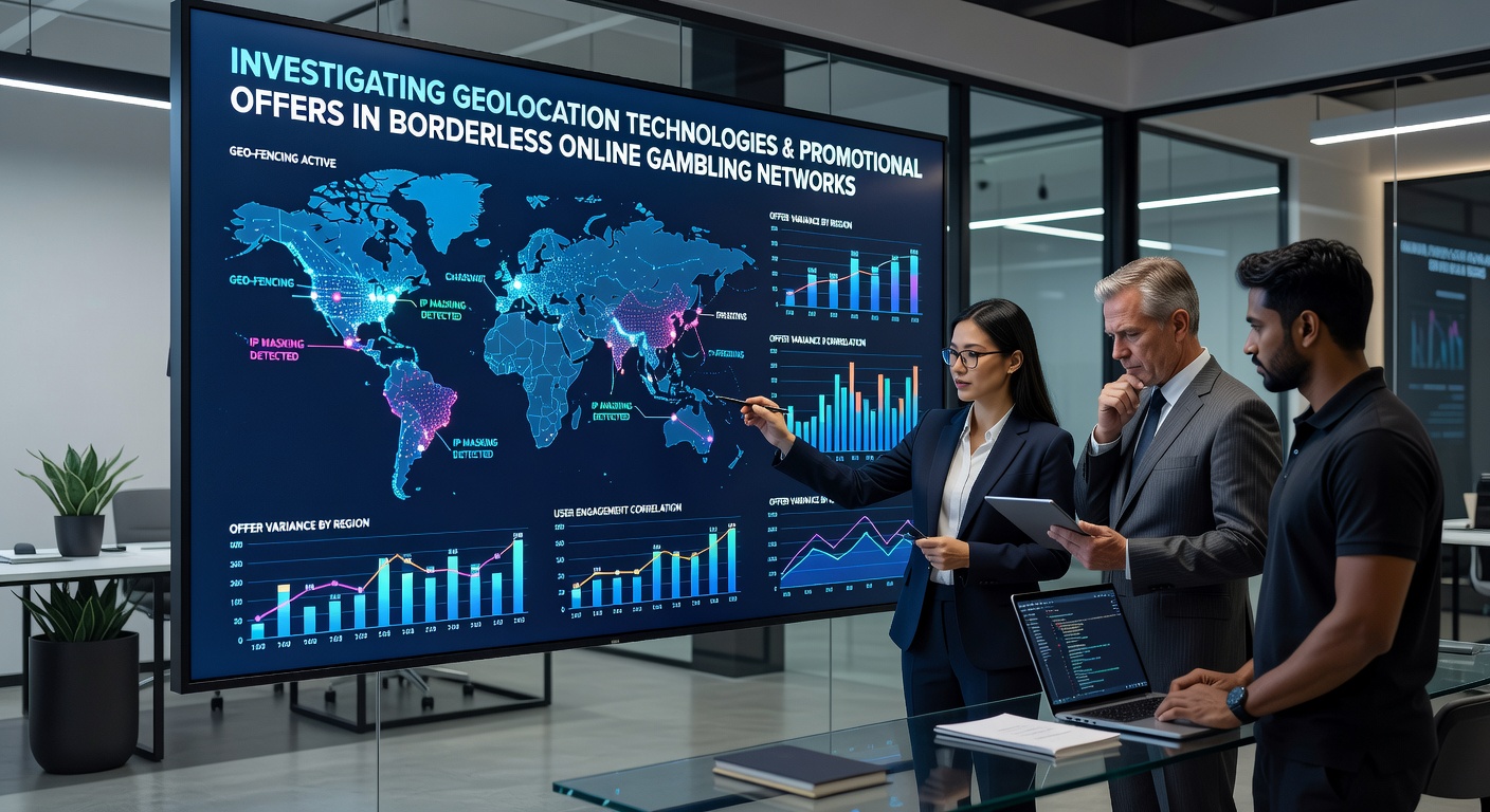 Borderless online gambling network dashboard displaying geolocation-based promotional targeting across regions