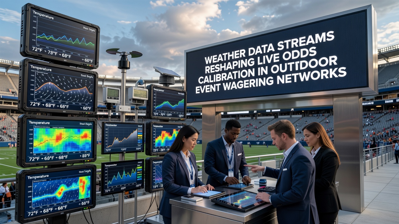 Live odds dashboard displaying real-time weather adjustments during an outdoor sports event